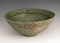 Wild Rim, Green Milk Paint Bowl  Cherry Wood, Taven Green Milk Paint, Matching Power Carved Wild Rim Inside and Out, Beads Outside, Matching Coves Inside,  3.5" x 8",  11/2011 I made a very similar bowl in black. It looked great so it was time to try it in green.